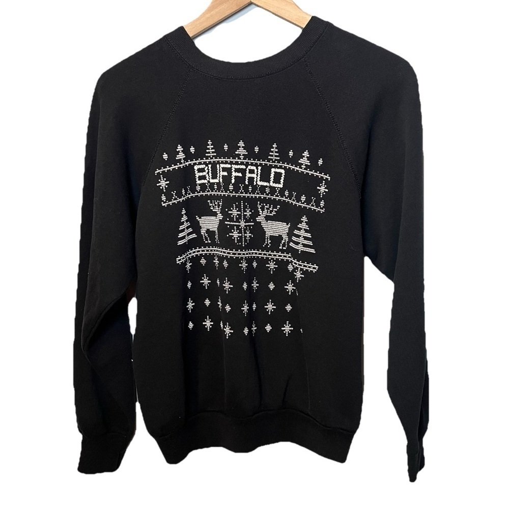 Vintage Christmas Sweatshirt Buffalo Crewneck Tultex size M black Made in USA